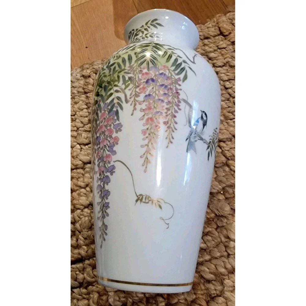 Vintage Shibata Japan Fine Porcelain Vase Flowering Wisteria Vine w Songbird 12
